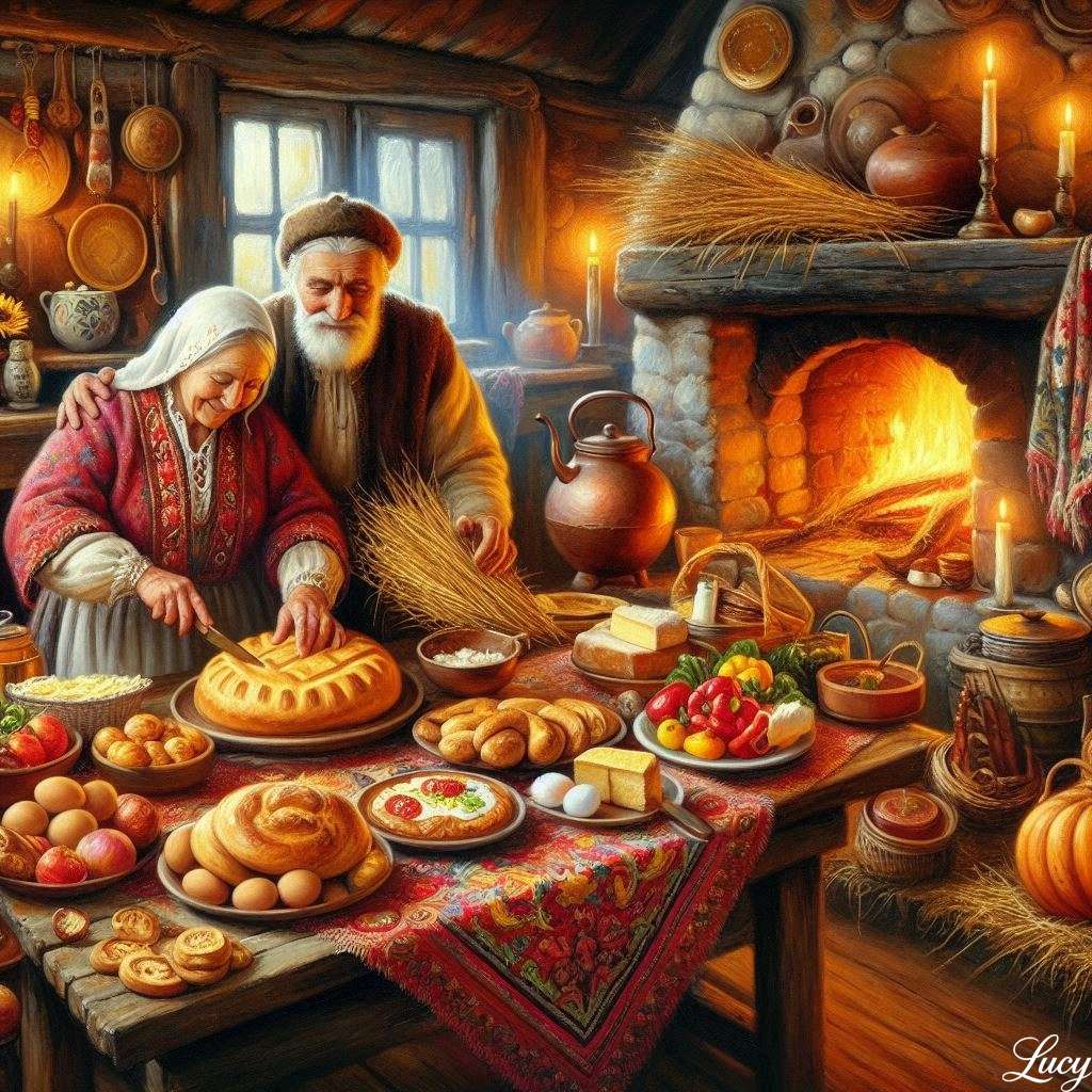 Bucătărie rustică tradițională cu cuplu în vârstă jigsaw puzzle online