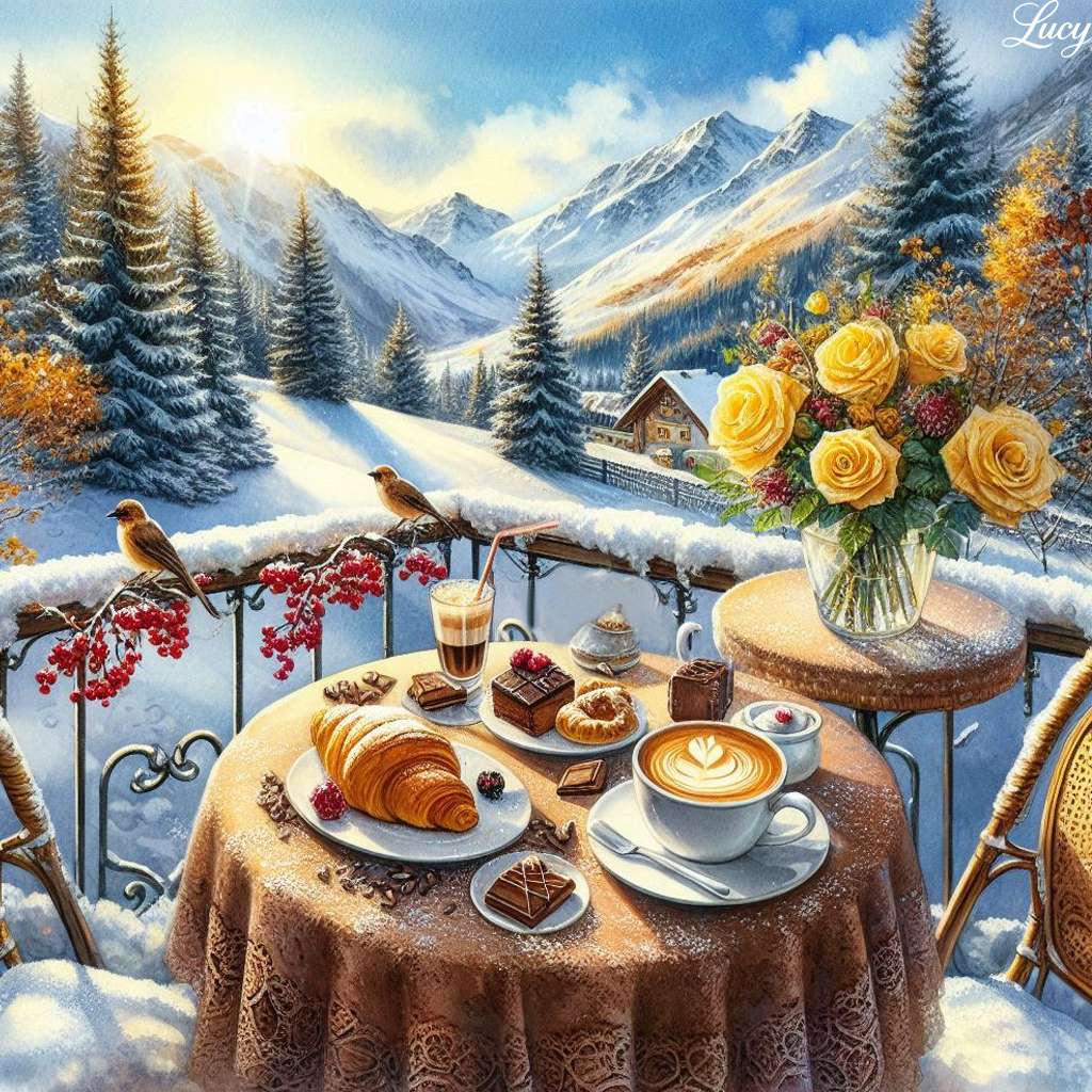 Colazione su una terrazza innevata puzzle online
