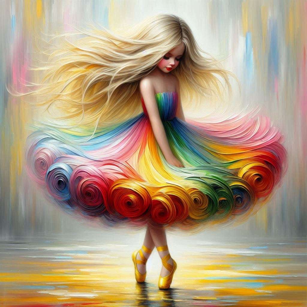 Mooi meisje in een regenboogjurk online puzzel