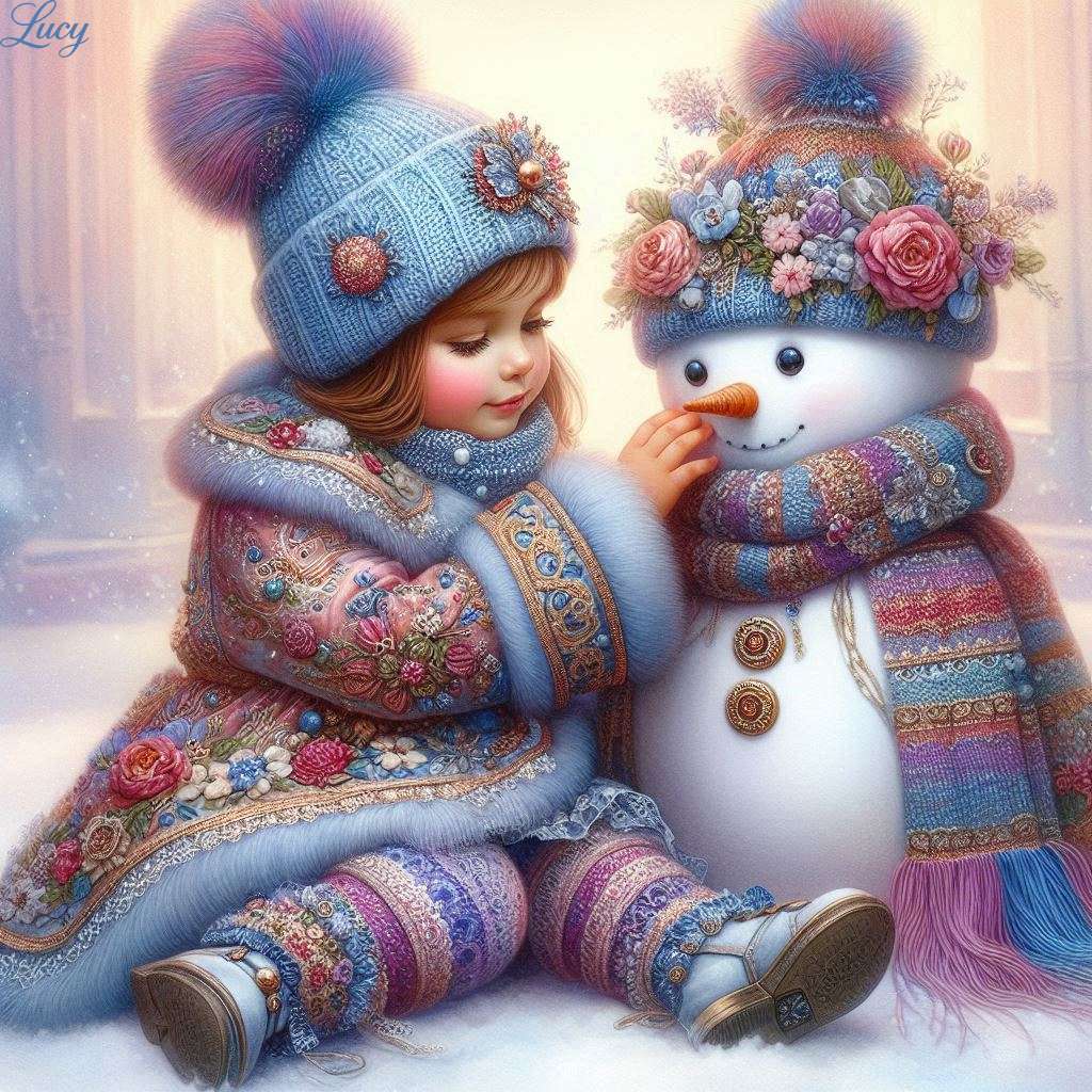 The snowman dons a floral hat and scarf jigsaw puzzle online