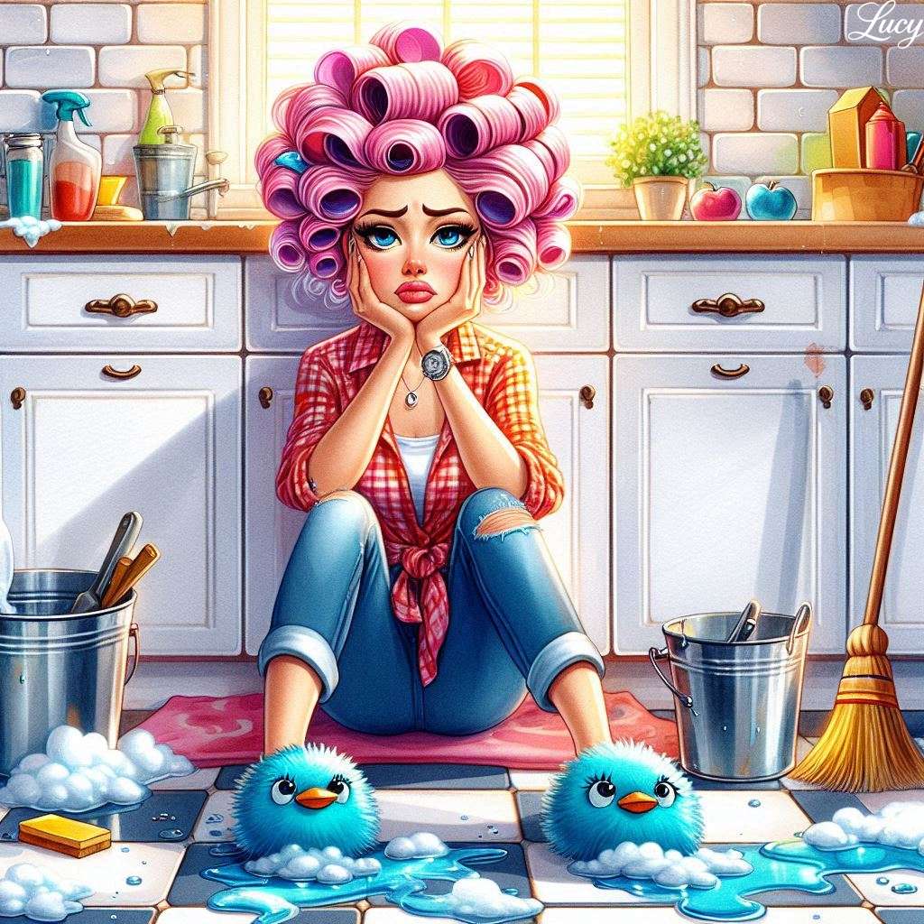 Frustrated woman sitting on the tiled floor jigsaw puzzle online