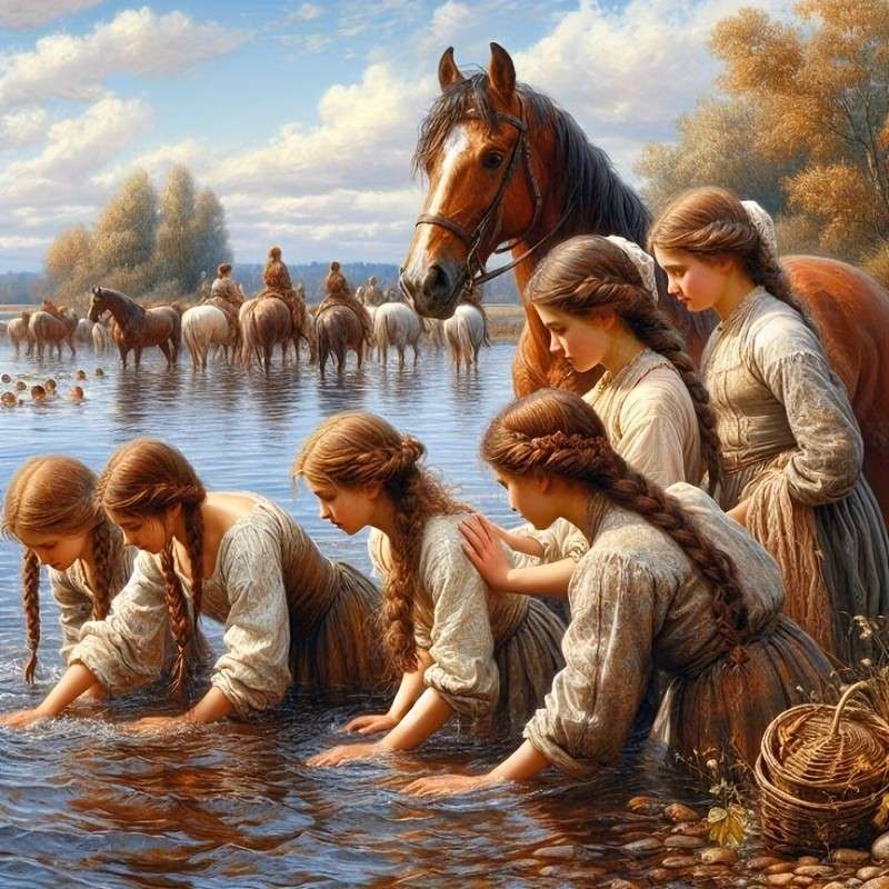 młode dziewczyny przy konnej przeprawie puzzle online