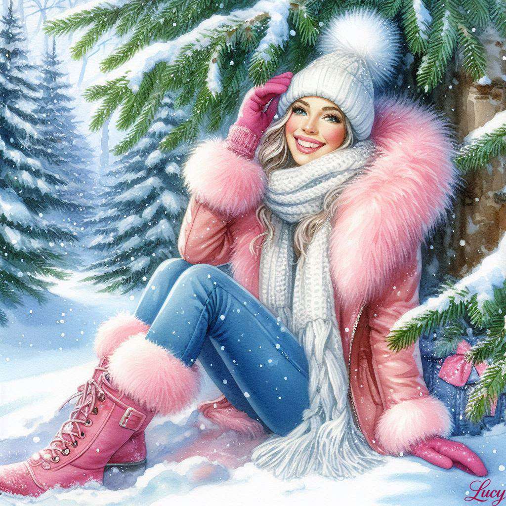 La donna siede sotto un sempreverde carico di neve puzzle online