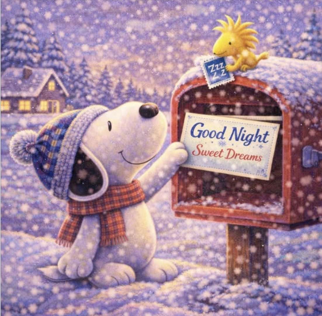 Snoopy dà la buonanotte a Woodstock nella neve. puzzle online