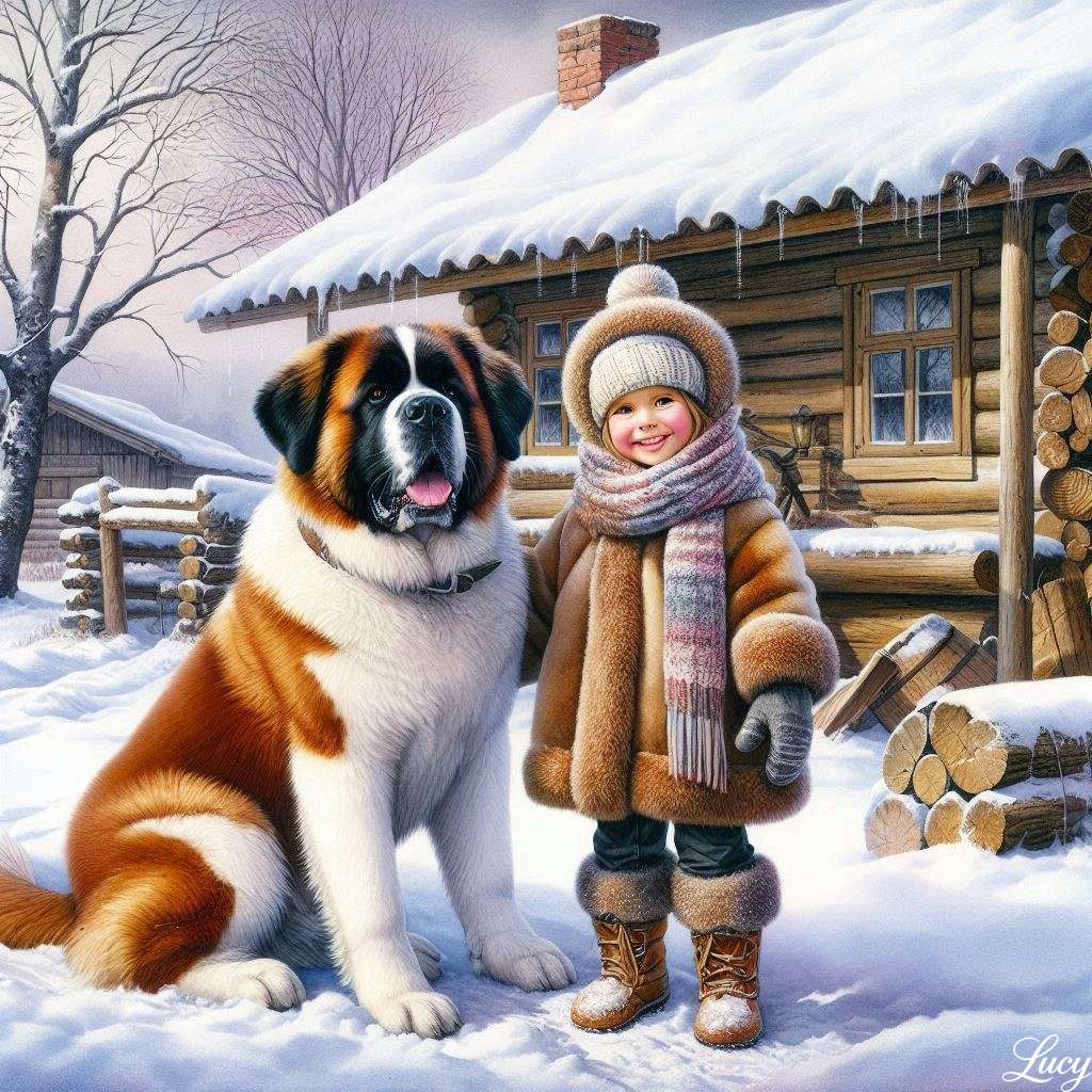 Lächelnd neben einem großen Bernhardiner Online-Puzzle