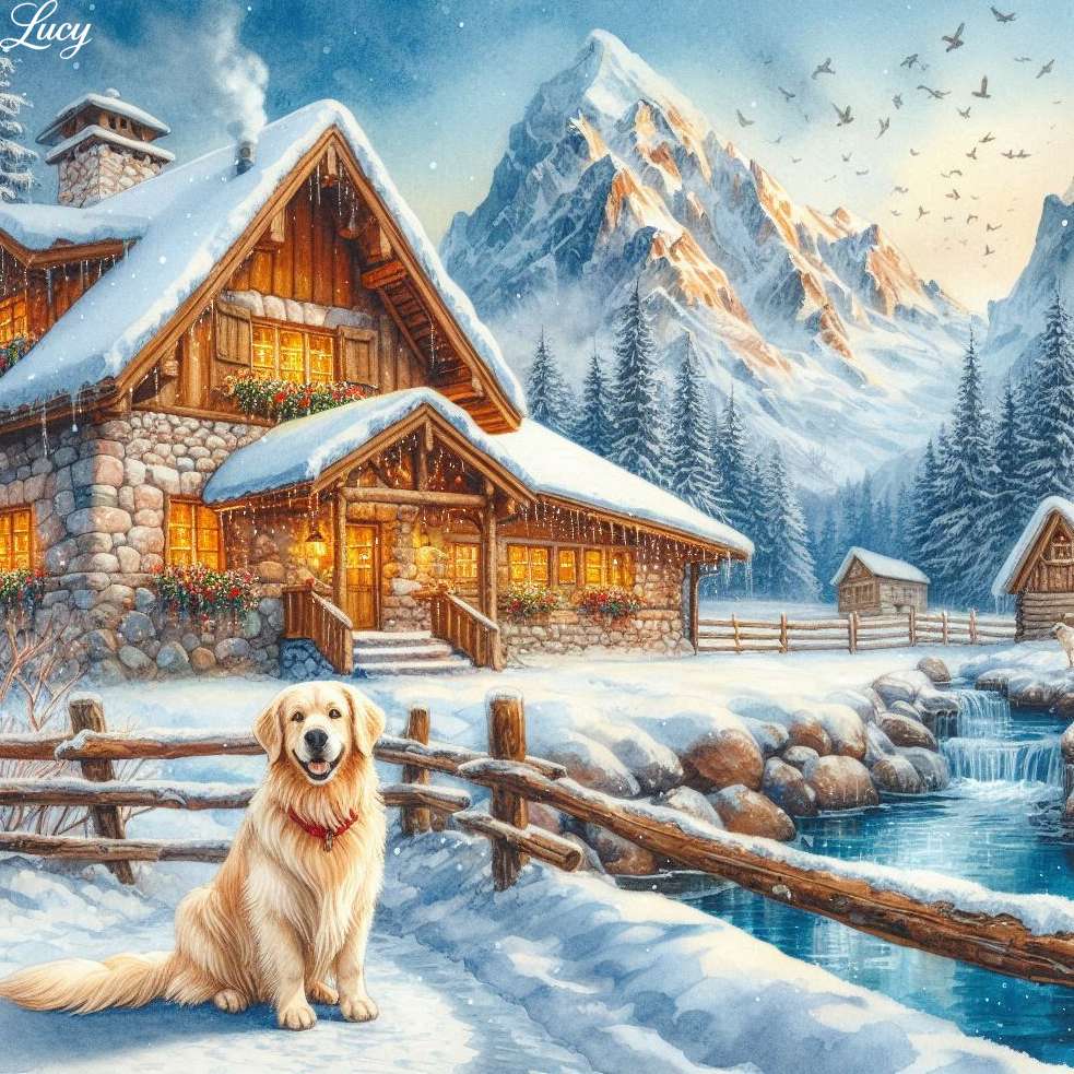 Feliz retriever branco parado em um caminho nevado puzzle online