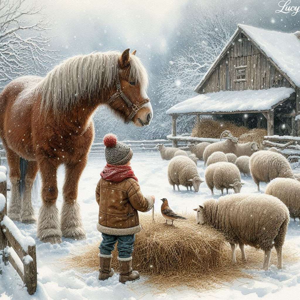 Bambino in piedi accanto a un grande cavallo irsuto puzzle online