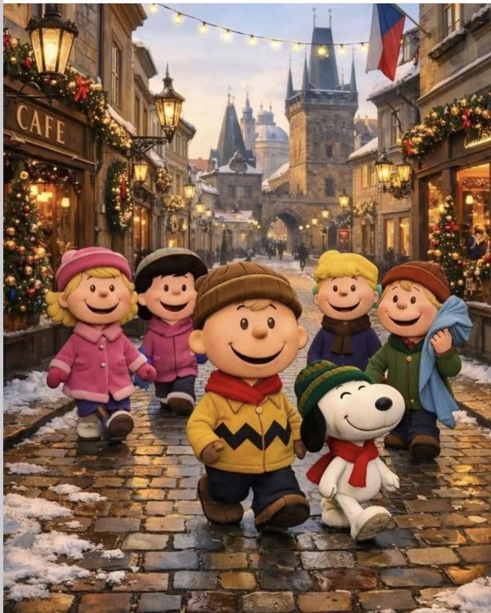 Charlie e seus amigos passeiam pelas ruas da cidade. quebra-cabeças online