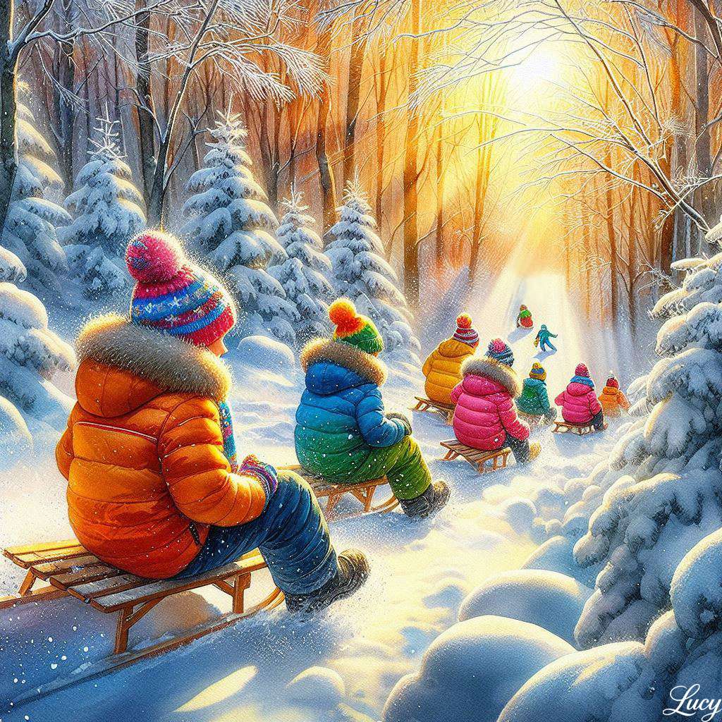 Dzieci zjeżdżały na sankach po zaśnieżonym leśnym wzgórzu puzzle online