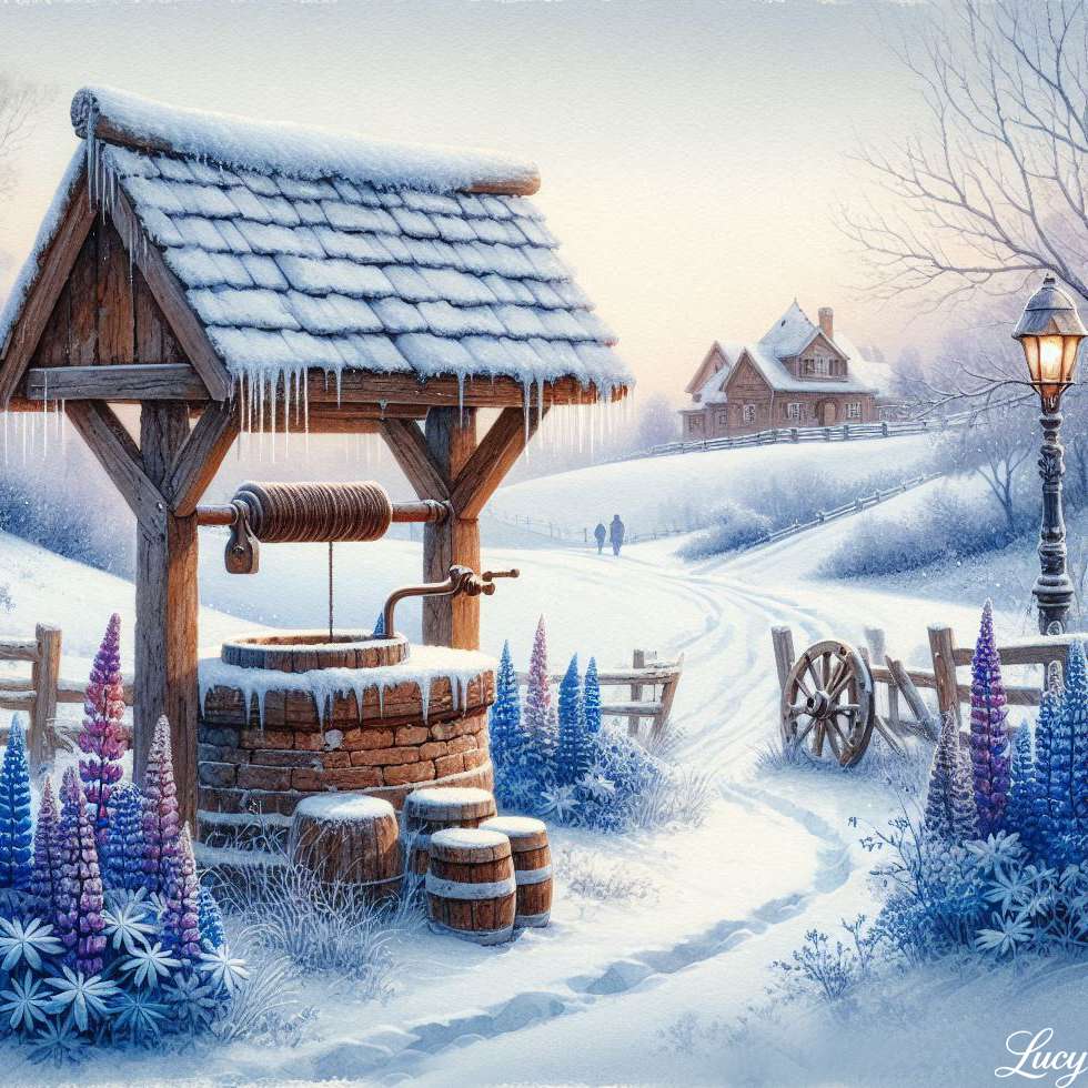 Poço de pedra rústica coberto de neve quebra-cabeças online