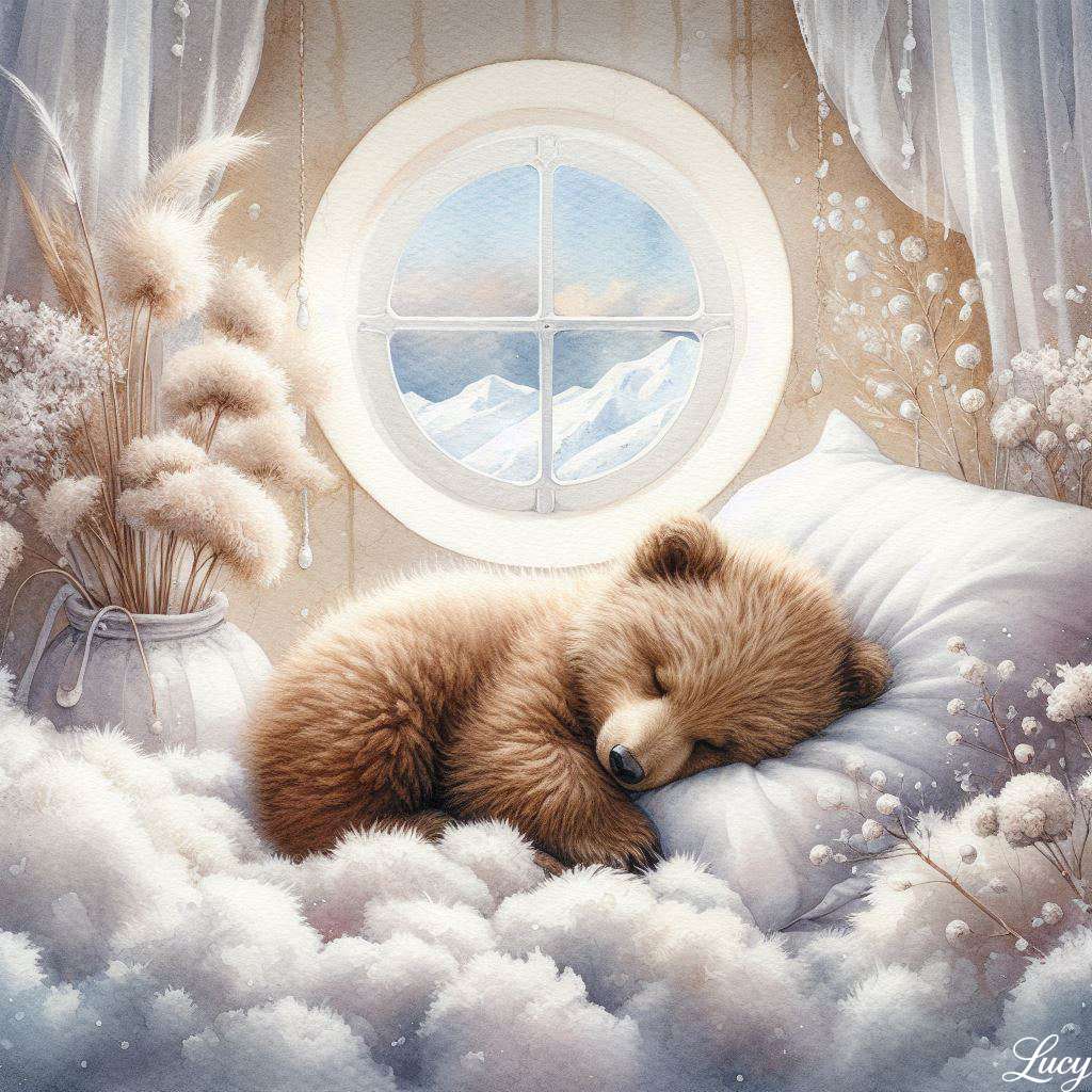 Filhote de urso pardo dormindo enrolado em uma cama branca quebra-cabeças online