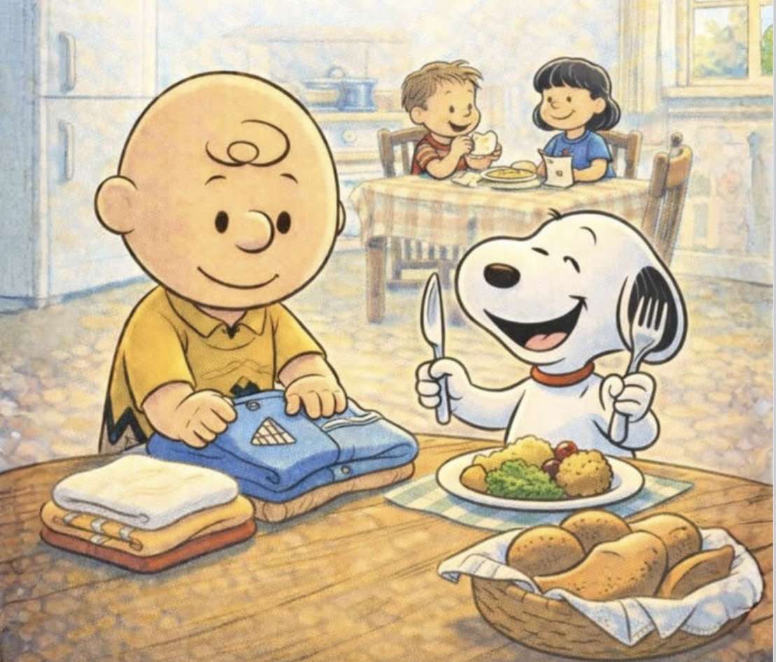 Charlie und Snoopy essen zu Mittag und erledigen die Hausarbeit. Puzzlespiel online
