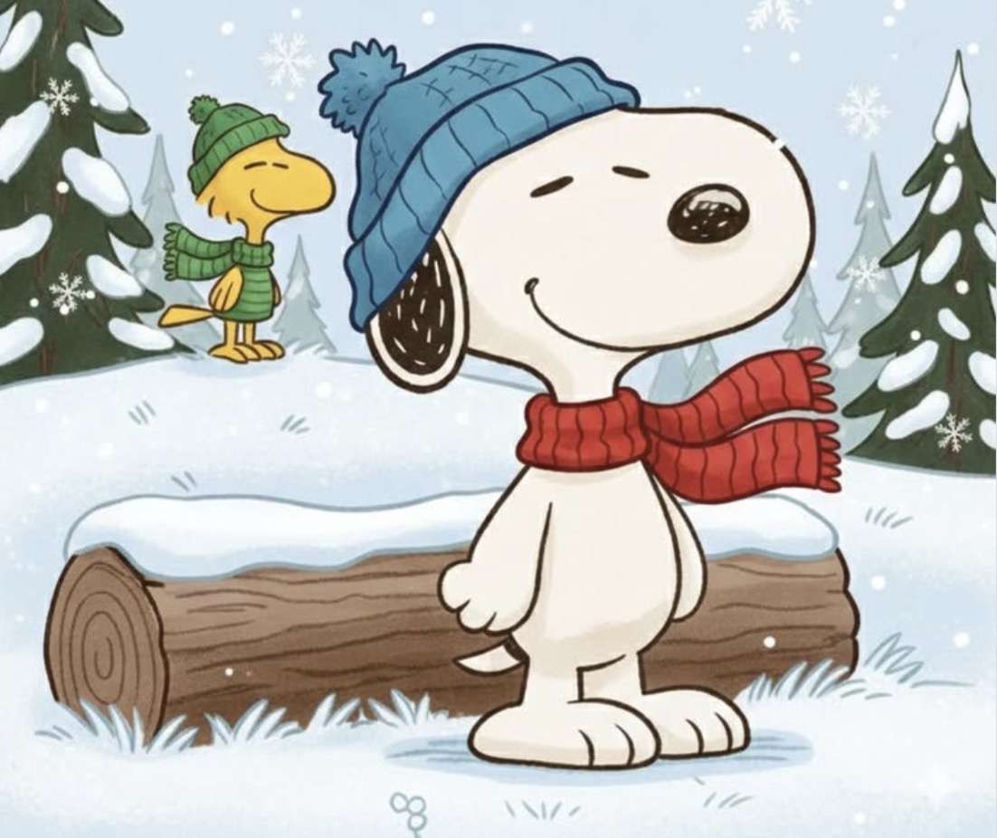Snoopy vicino ad un tronco mentre Woodstock veglia. puzzle online