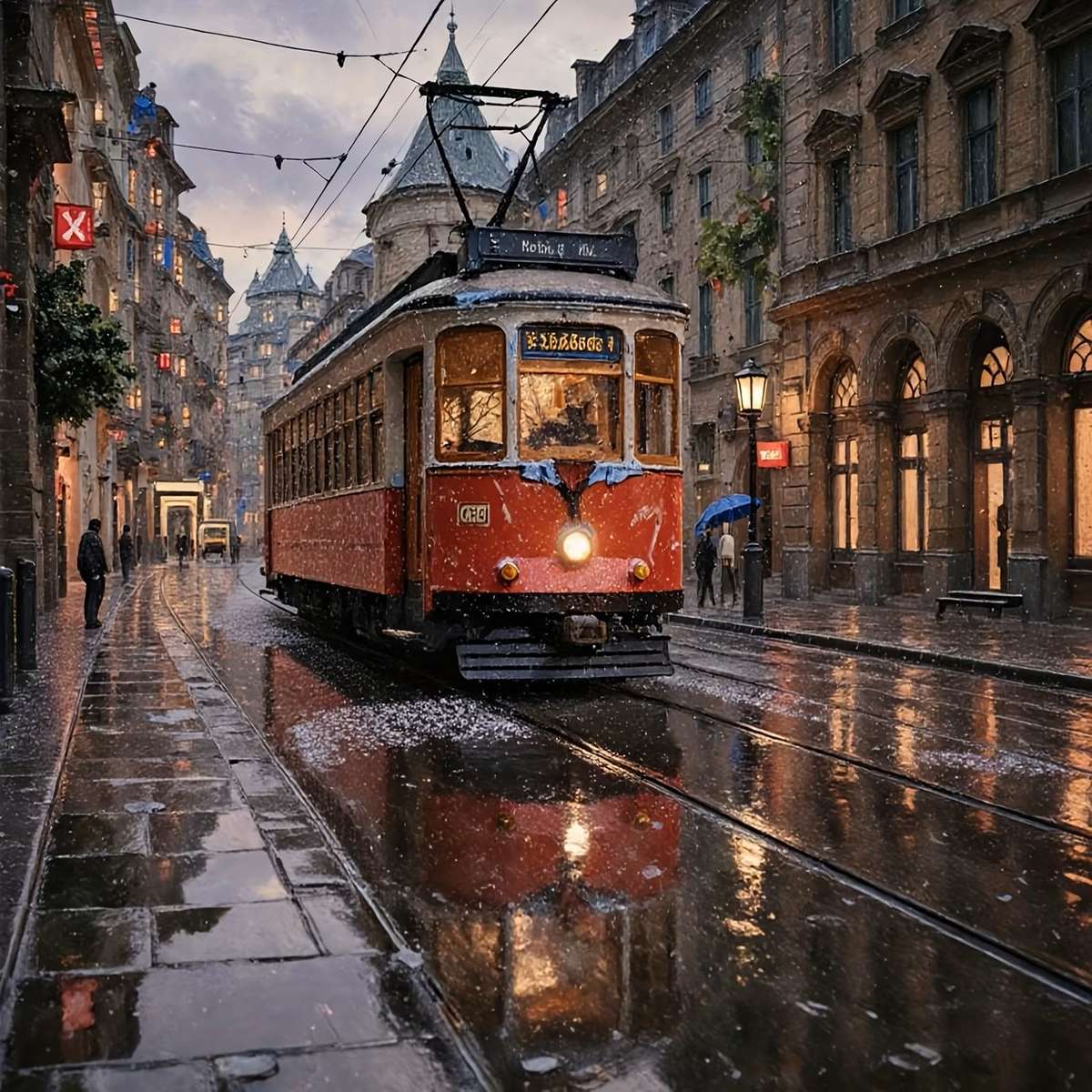 tram sulla strada sotto la pioggia puzzle online