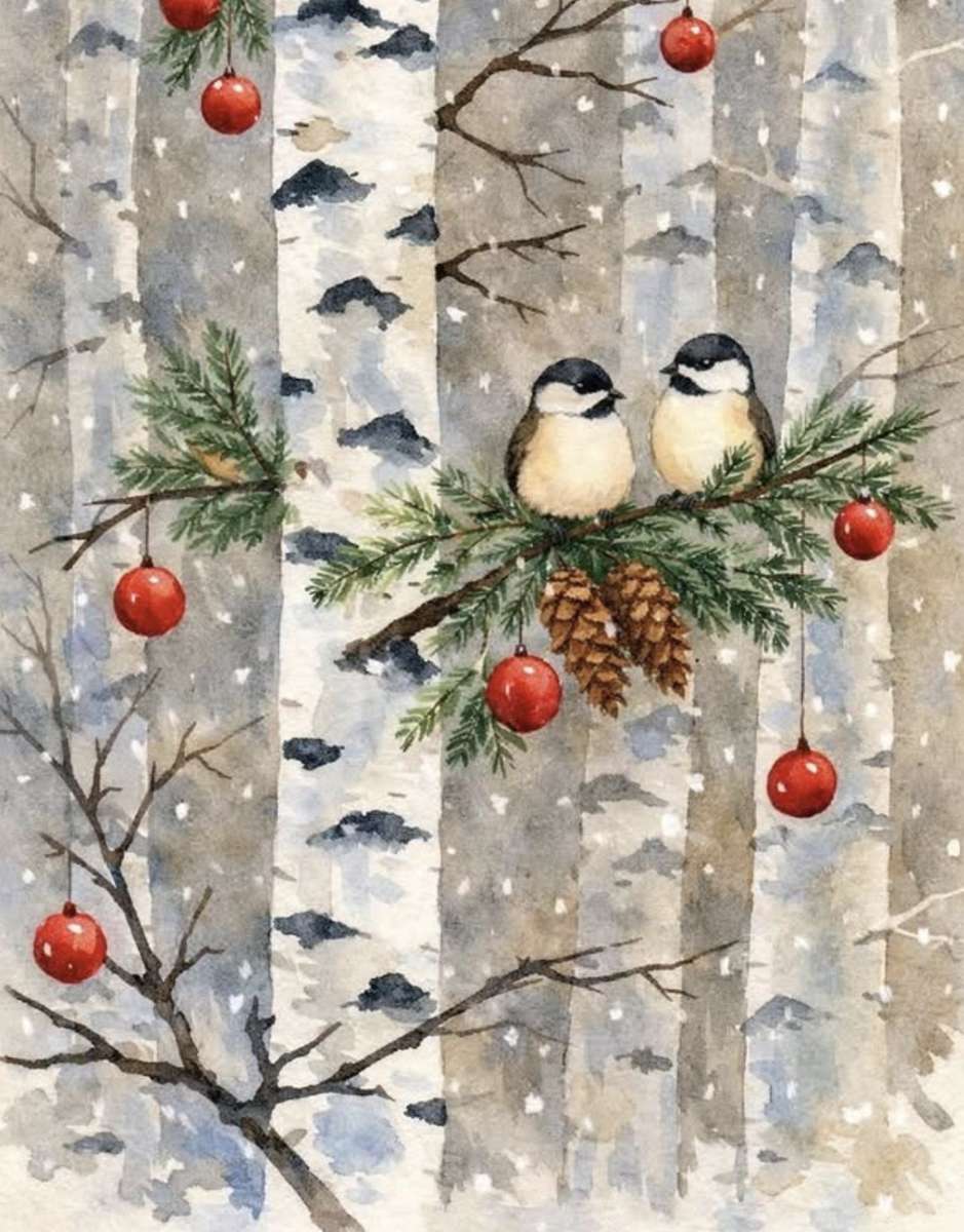 Két madár egy fenyőágon jó dekoráció. online puzzle