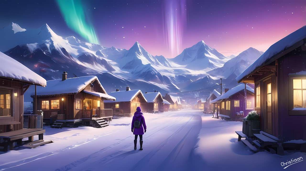 Villaggio, neve, inverno. puzzle online