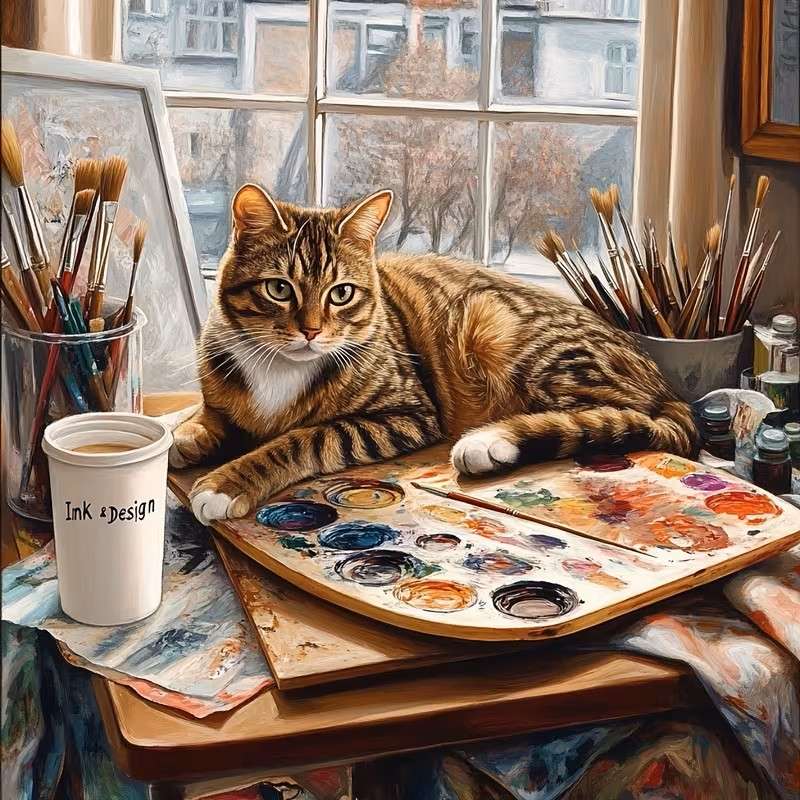 gatto rosso nello studio di pittura puzzle online