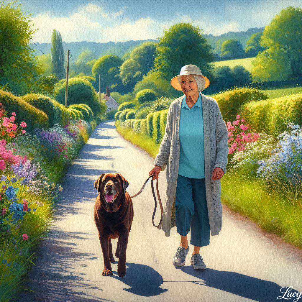 Idősebb hölgy csokoládé labradorját sétálta online puzzle