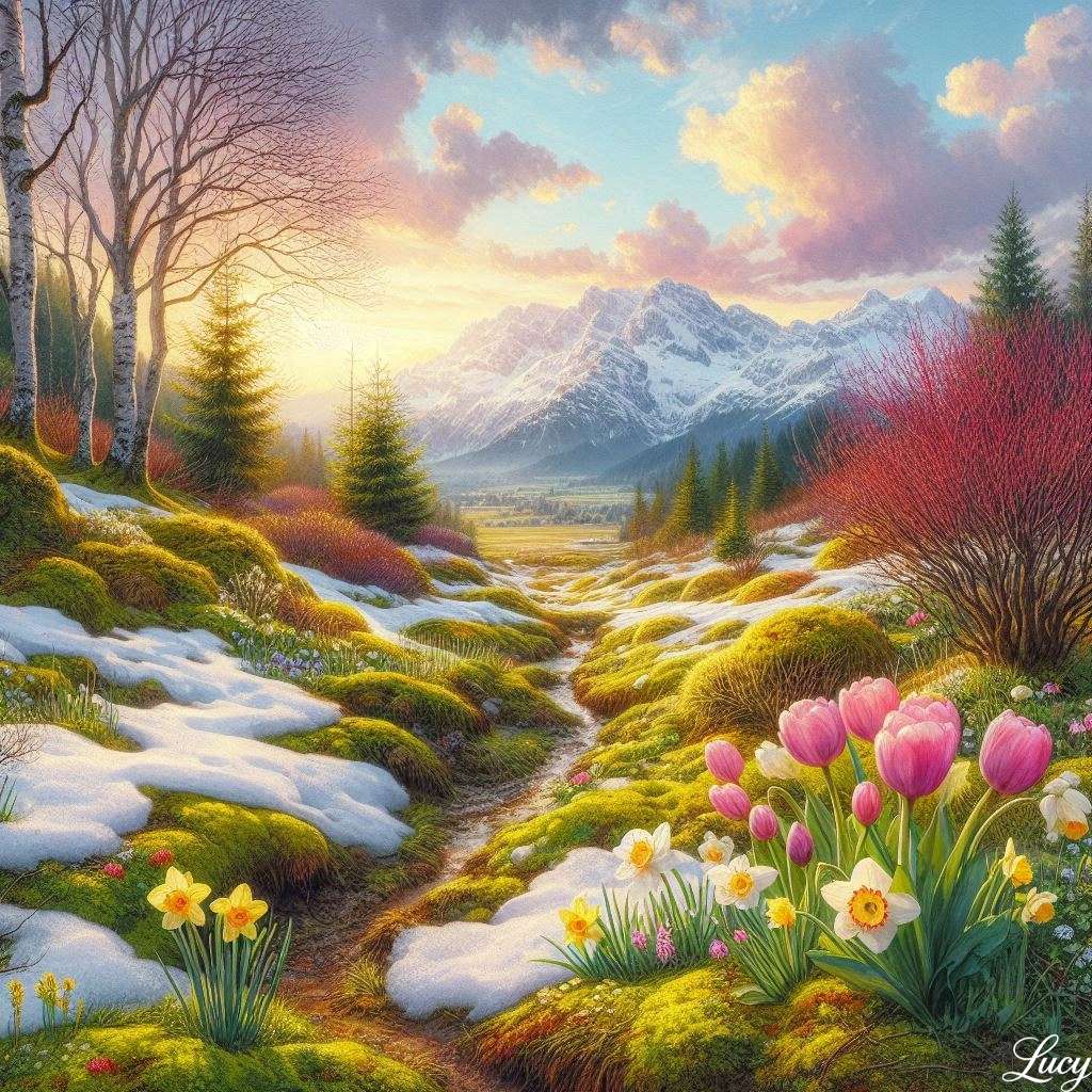 La primavera fiorisce presso il ruscello alpino puzzle online