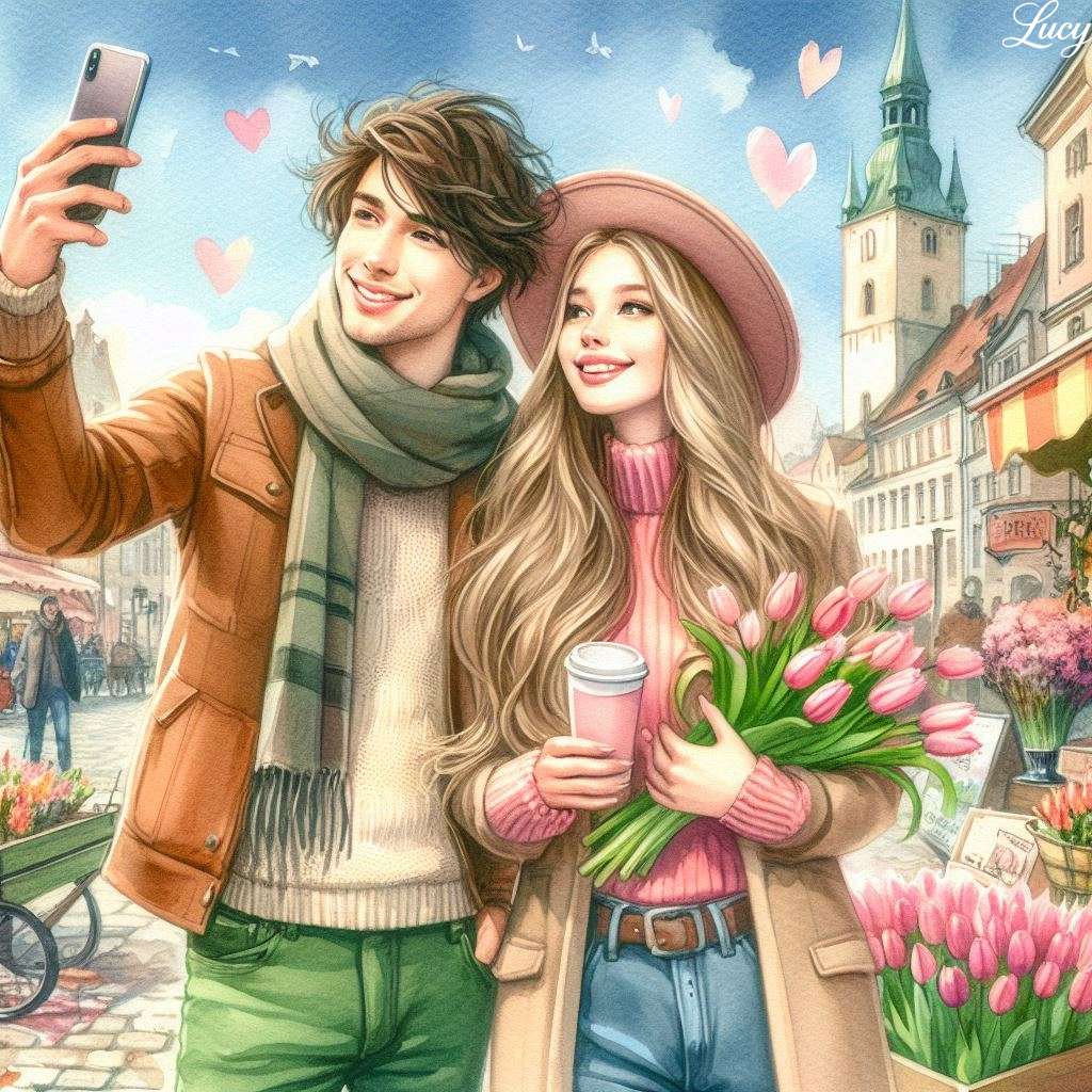 Giovani coppie che prendono un selfie puzzle online