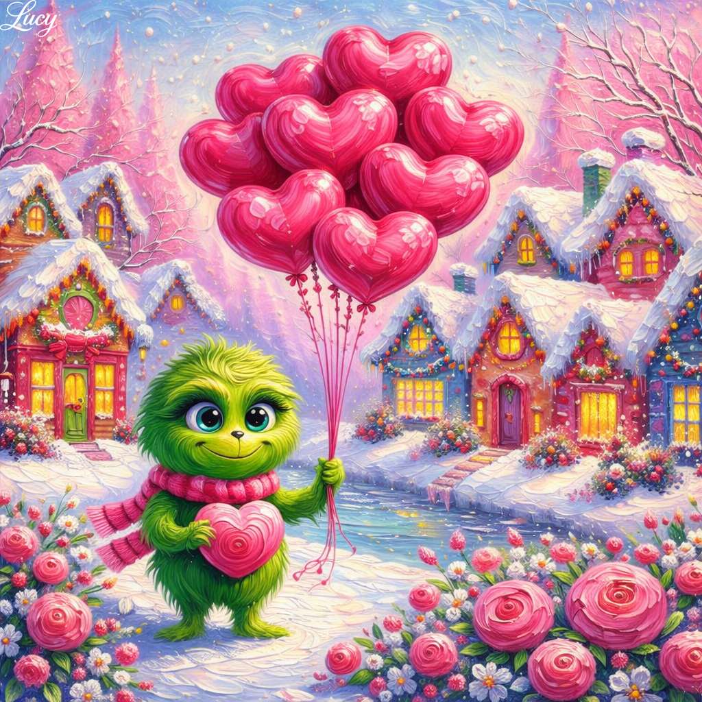 An adorable Grinch with heart-shaped balloons jigsaw puzzle online