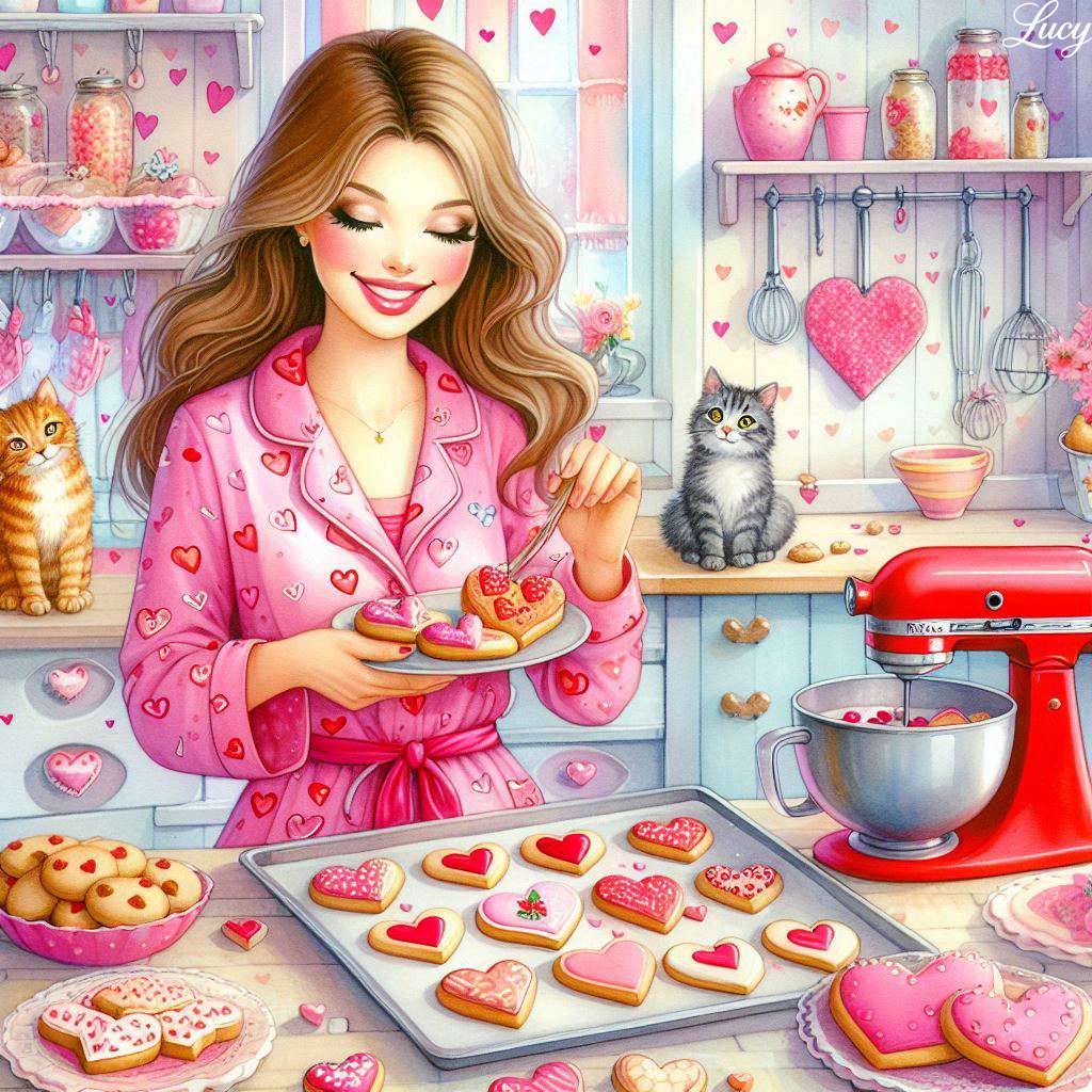 Eine fröhliche Frau backt herzförmige Kekse Puzzlespiel online