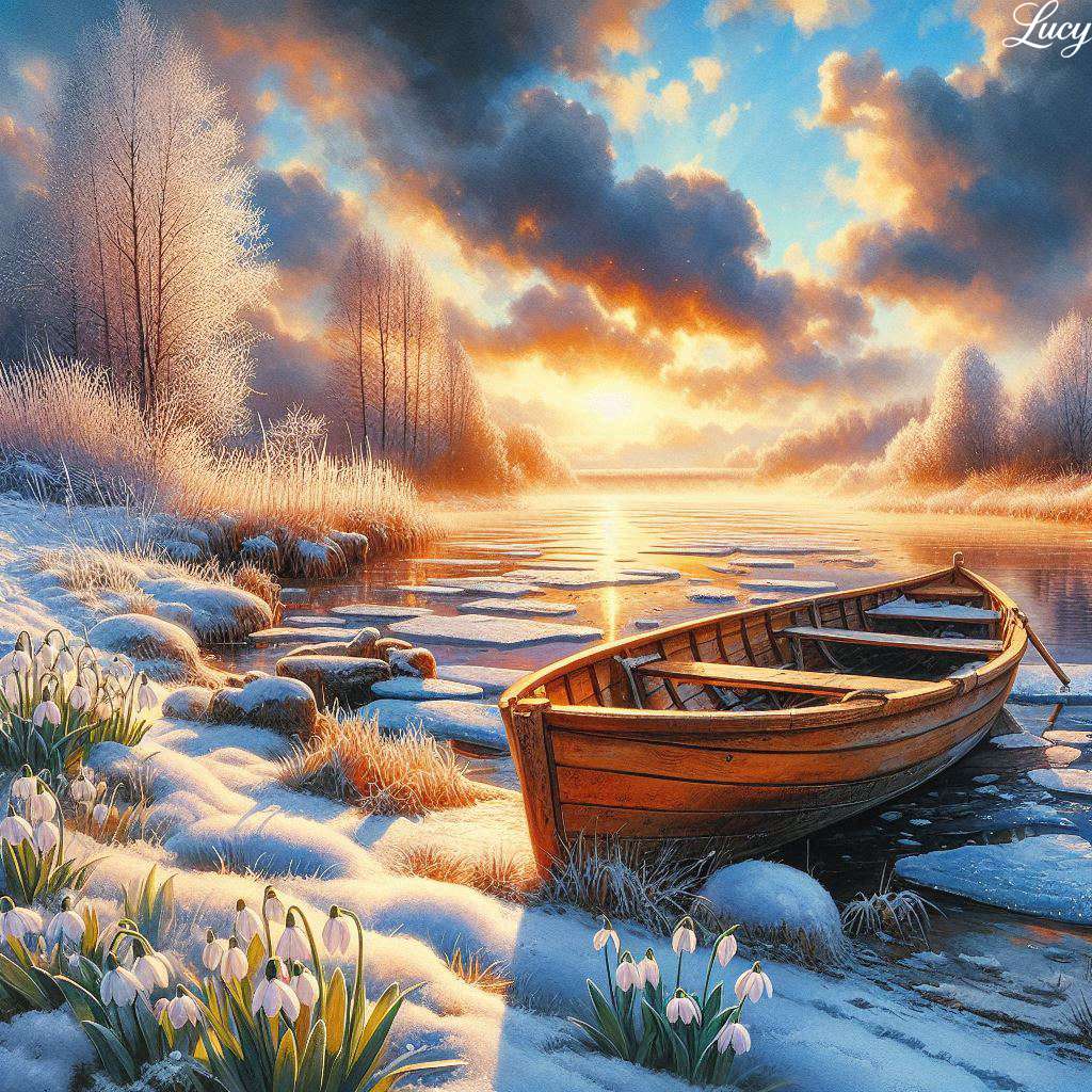 Een houten roeiboot rust op een met sneeuw bedekte rivieroever legpuzzel online