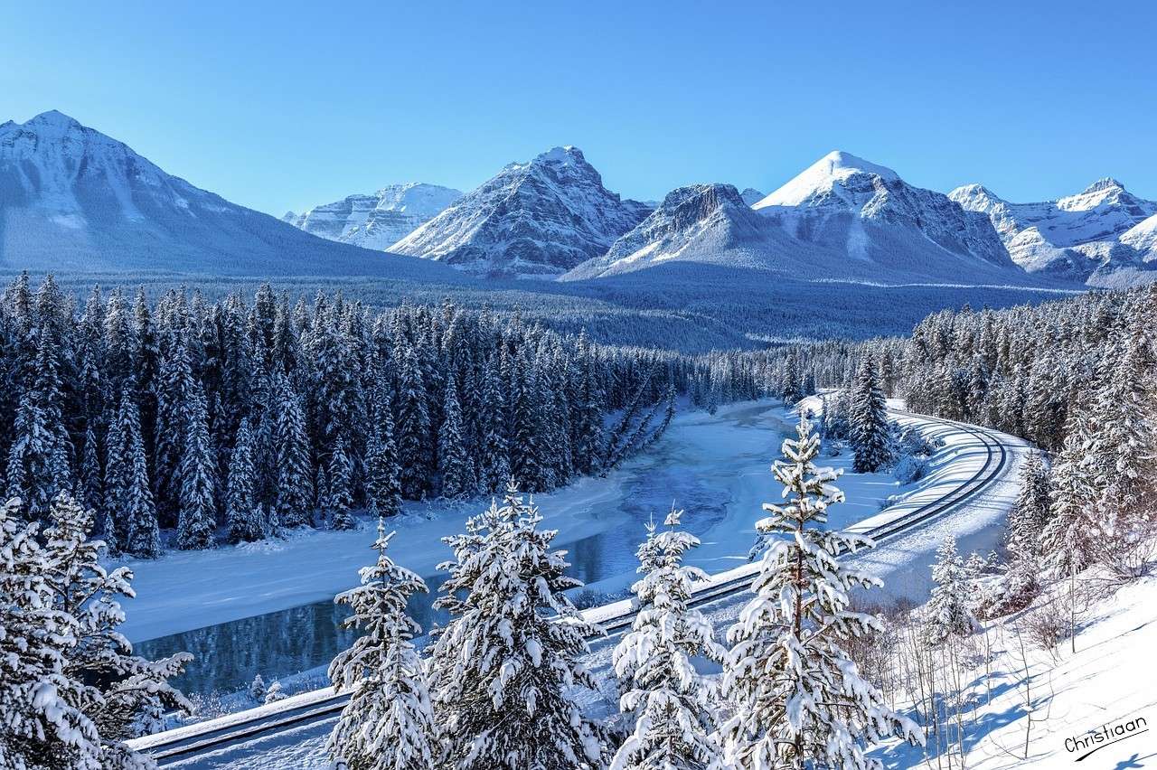 Trein, Spoorweg, Sneeuw. online puzzel