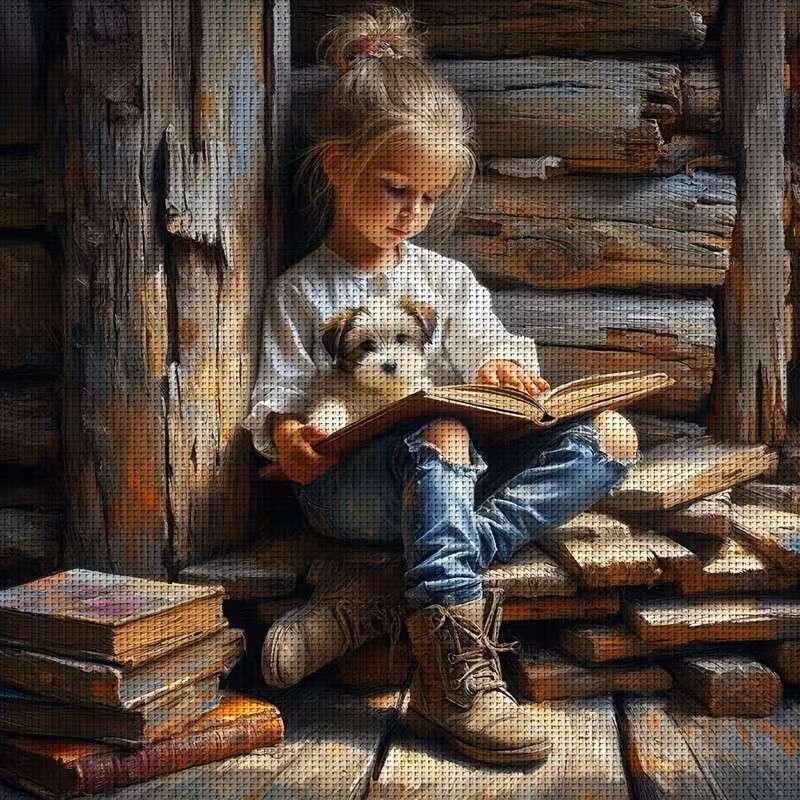 une fille avec son chien et un livre puzzle en ligne