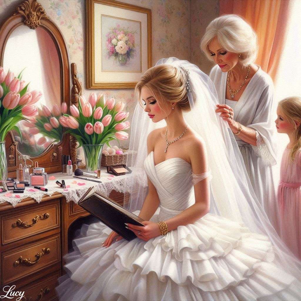 En brud som sitter vid en vintage fåfänga pussel på nätet