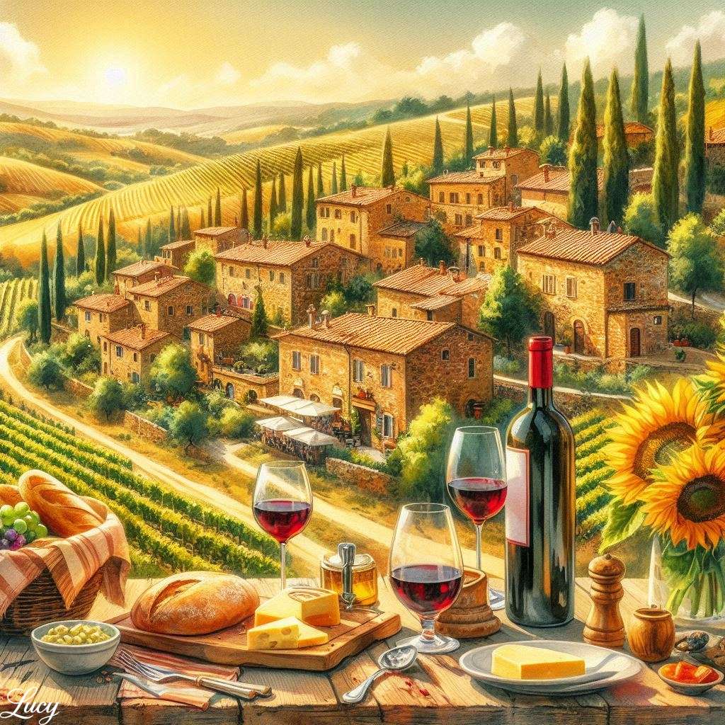 Blick zur goldenen Stunde über ein toskanisches Bergdorf Online-Puzzle