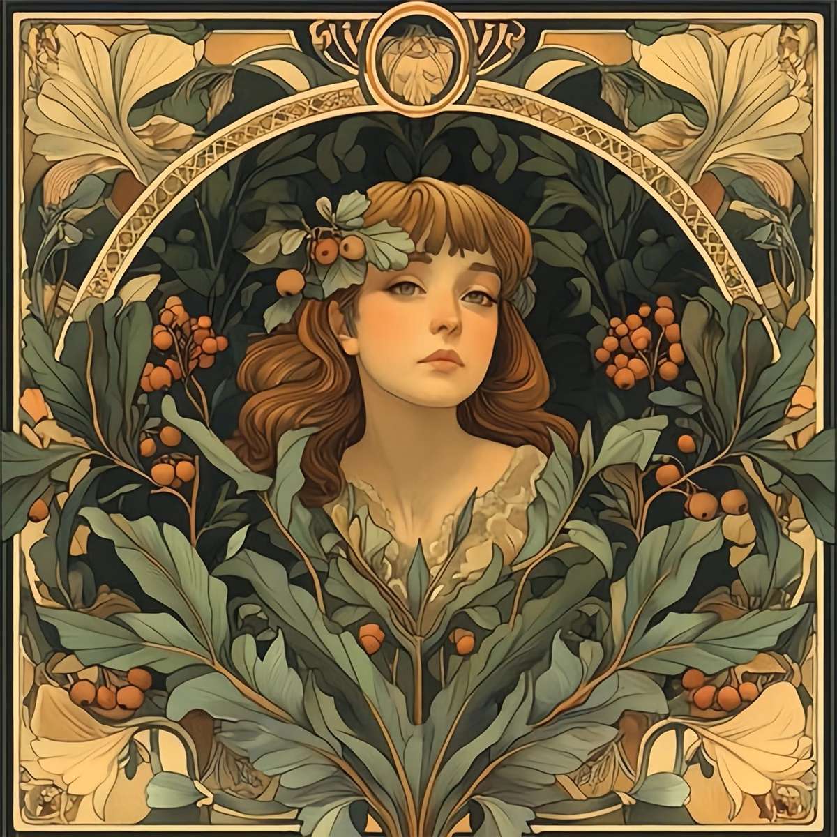 art déco-porträtt i stil med Alfons Mucha Pussel online