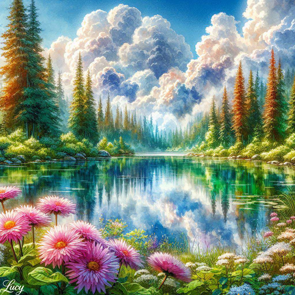 Un sereno lago a specchio che riflette puzzle online