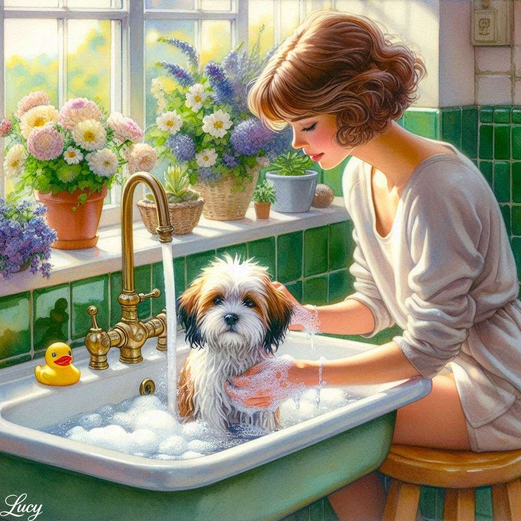 Kleine pluizige witte en bruine hond baden online puzzel