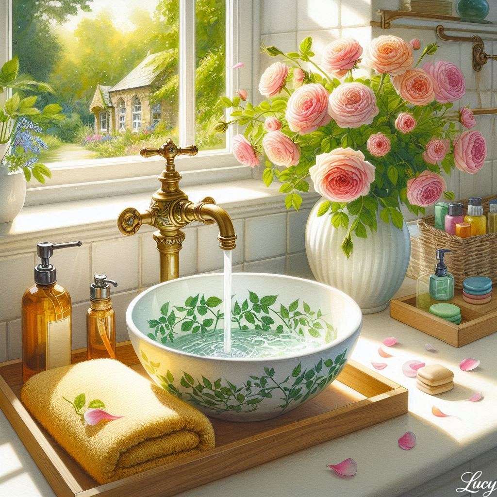 Un lavello in ceramica bianca con motivo a foglie verdi puzzle online