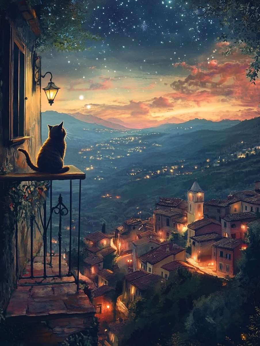 Katt som beundrar landskapet pussel på nätet