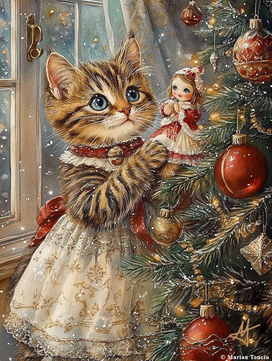 un bel gatto decora il suo albero puzzle online