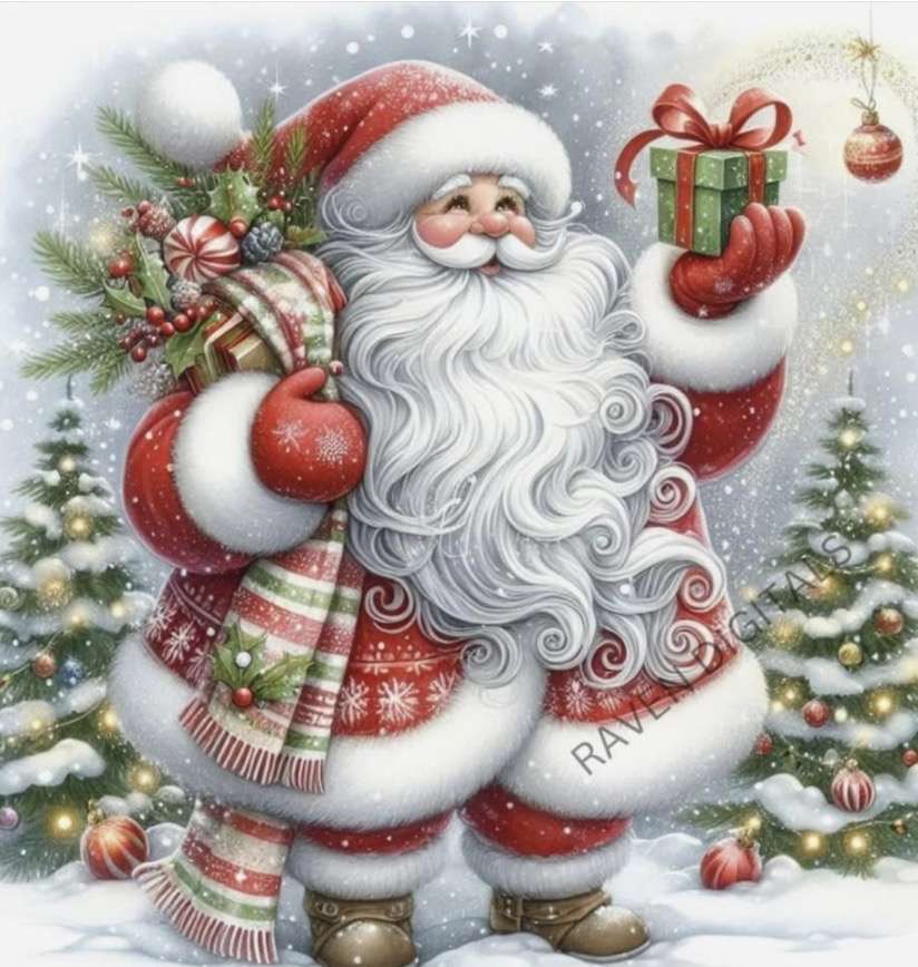 Père Noël court avec une très longue barbe et un petit cadeau. puzzle en ligne