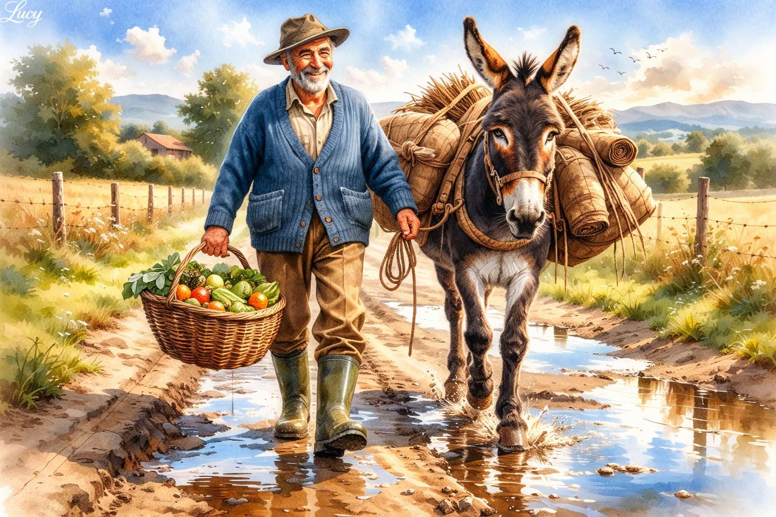 Älterer Mann und Esel auf rustikalem Weg Puzzlespiel online