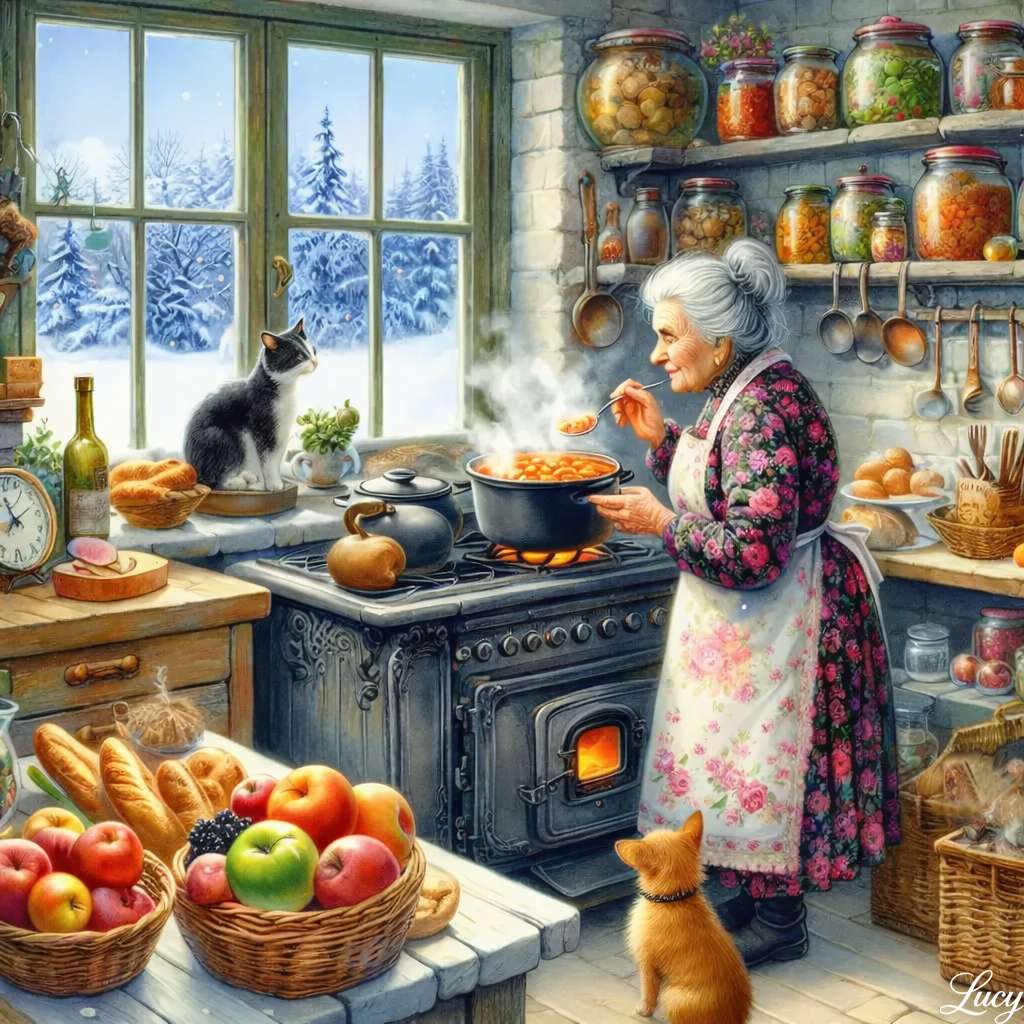 Gray-haired grandmother in floral apron jigsaw puzzle online