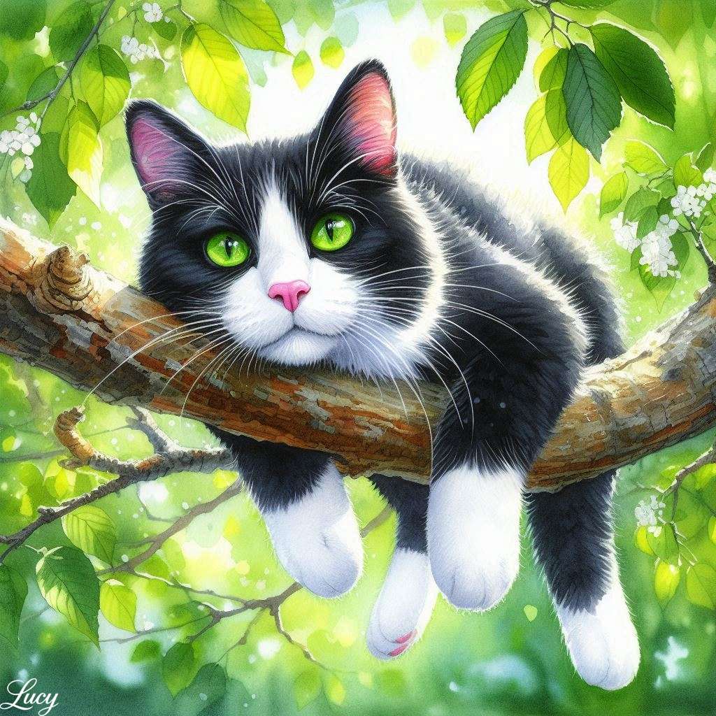 Un gatto da smoking in bianco e nero che si rilassa su un albero puzzle online