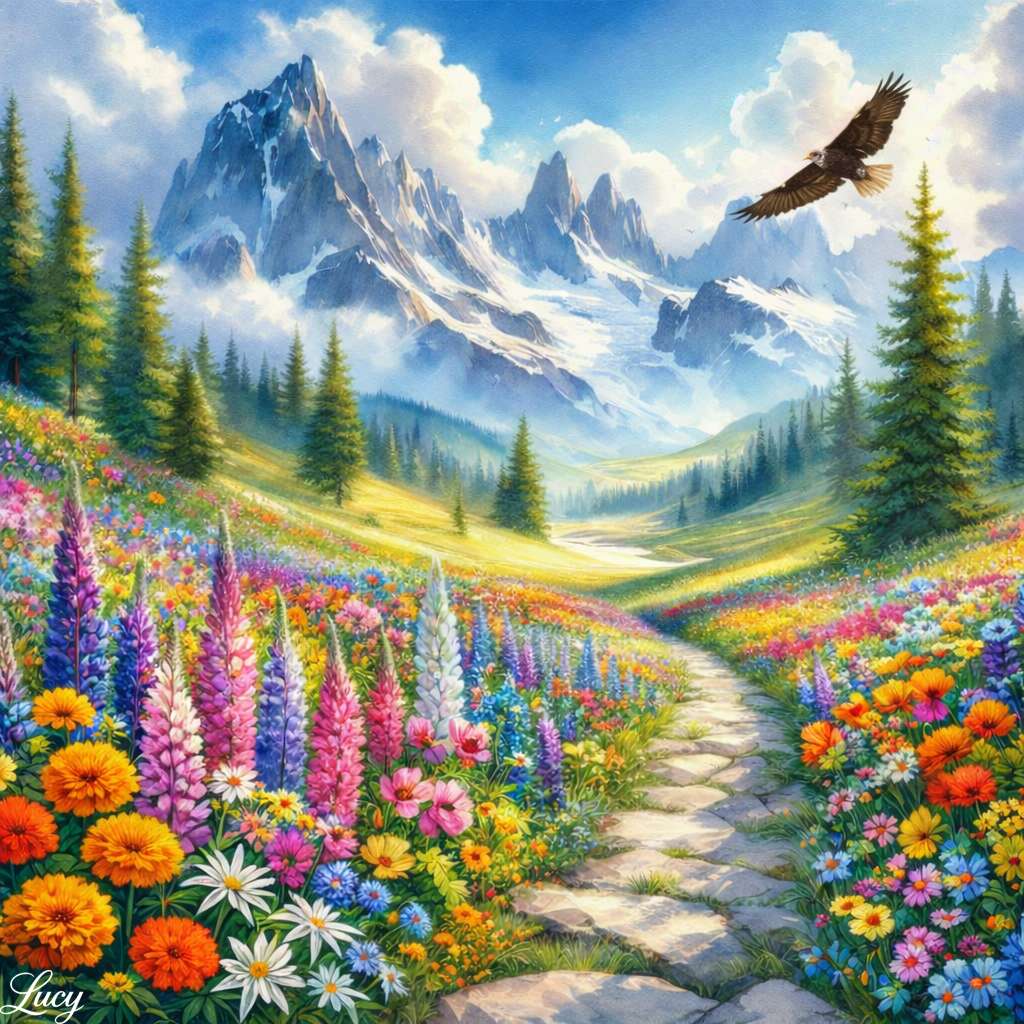 Gewundener Weg durch alpine Wildblumen Online-Puzzle