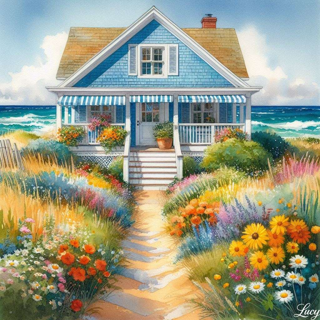 Ein malerisches blaues Häuschen am Meer Puzzlespiel online