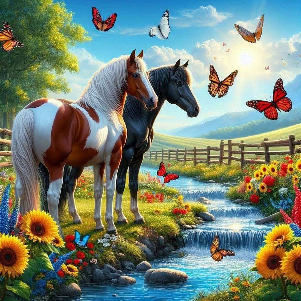 Horses, butterflies and flowers jigsaw puzzle online