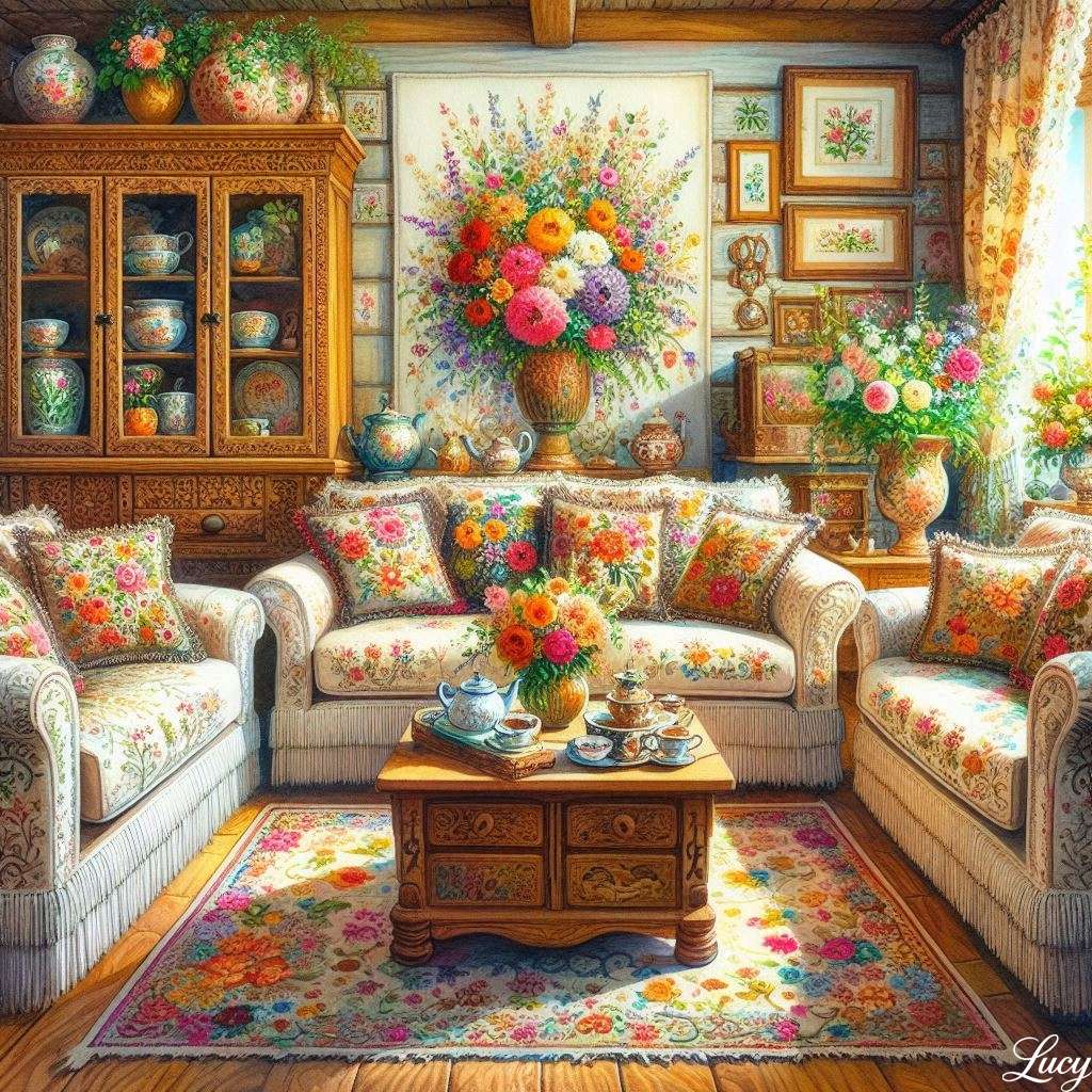 Wohnzimmer mit floralem Stickereidekor Online-Puzzle