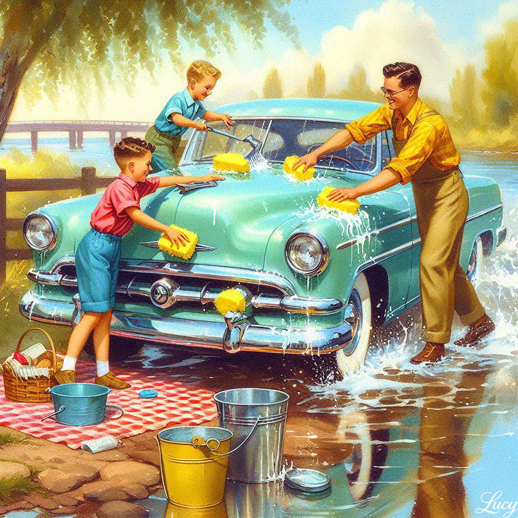 Washing a mint-green 1950s sedan jigsaw puzzle online