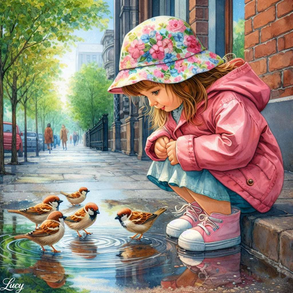 Ptaszki w deszczowy dzień na chodniku puzzle online