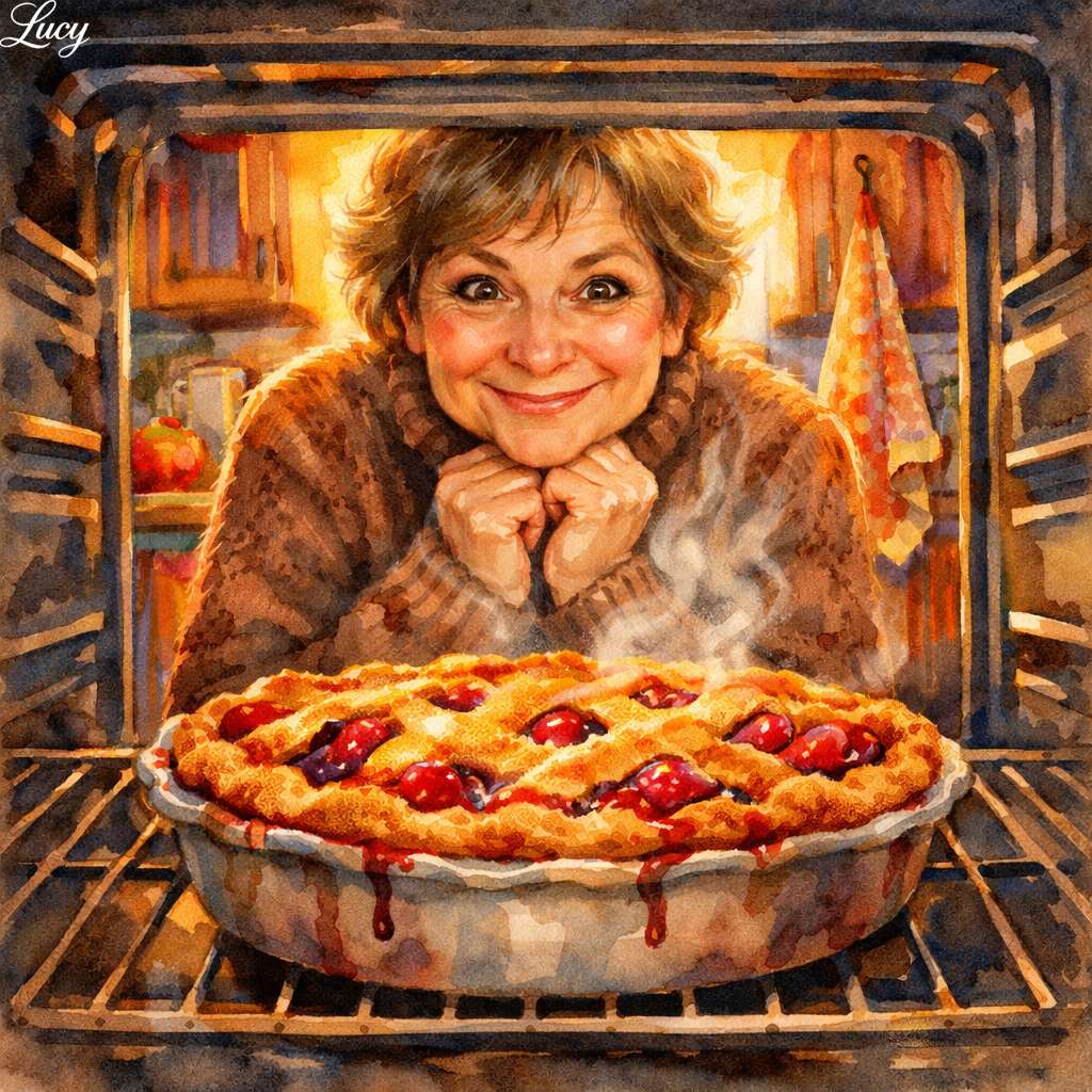 Excited baker and fresh cherry pie jigsaw puzzle online