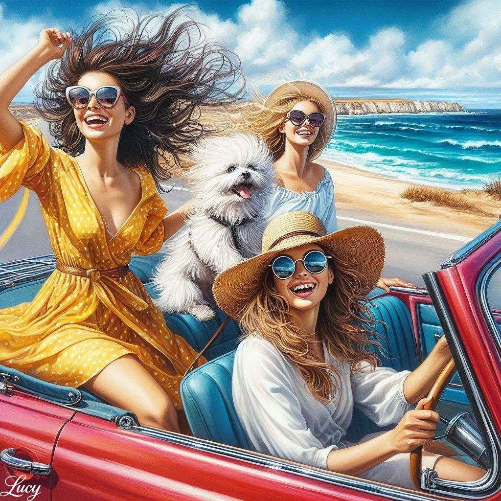 3 jeunes femmes insouciantes et un chien blanc moelleux puzzle en ligne