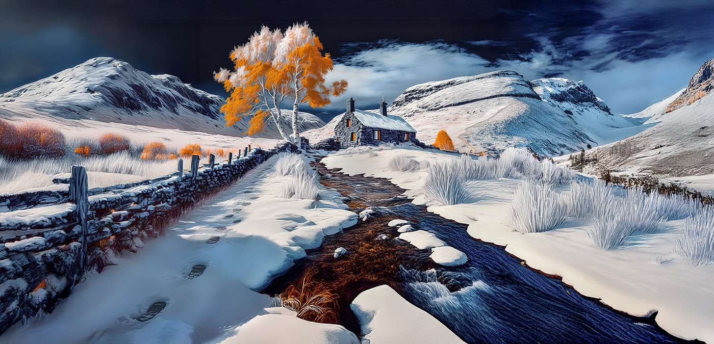 Een huisje aan een beekje in de winter online puzzel